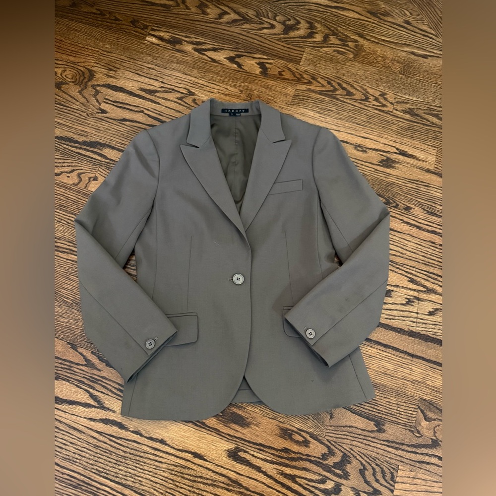 Theory wool blend blazer in mushroom gray taupe, size 4